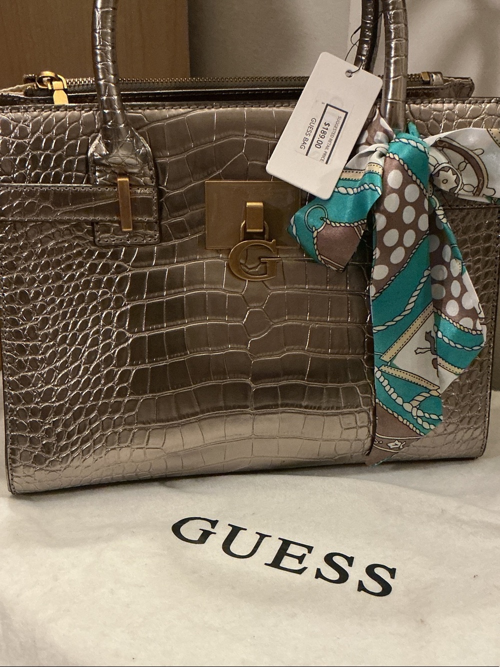 GUESS Metallic Taupe Croc-Embossed Satchel with Scarf Accent